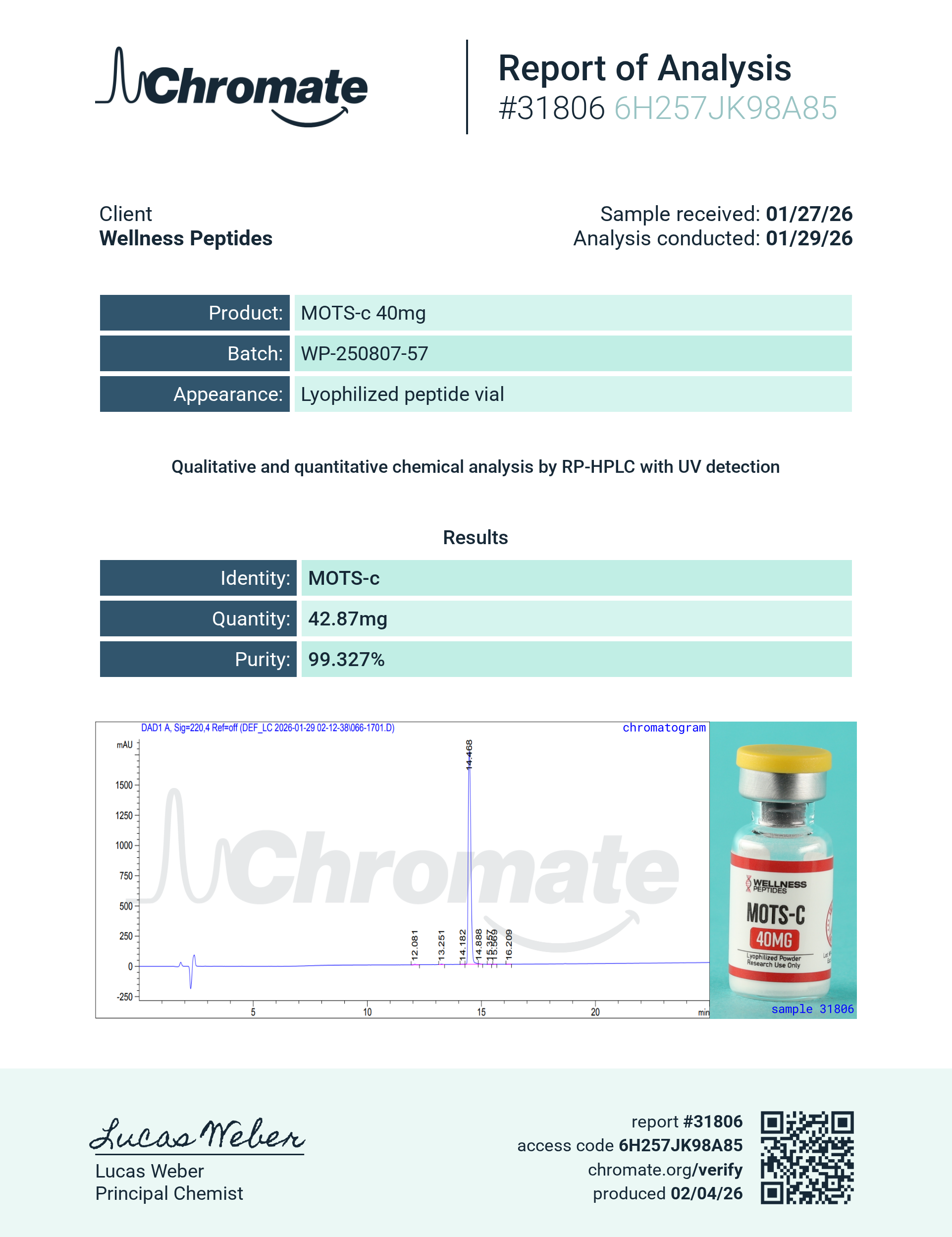 MOTS-c (40mg) Certificate of Analysis from Wellness Peptides