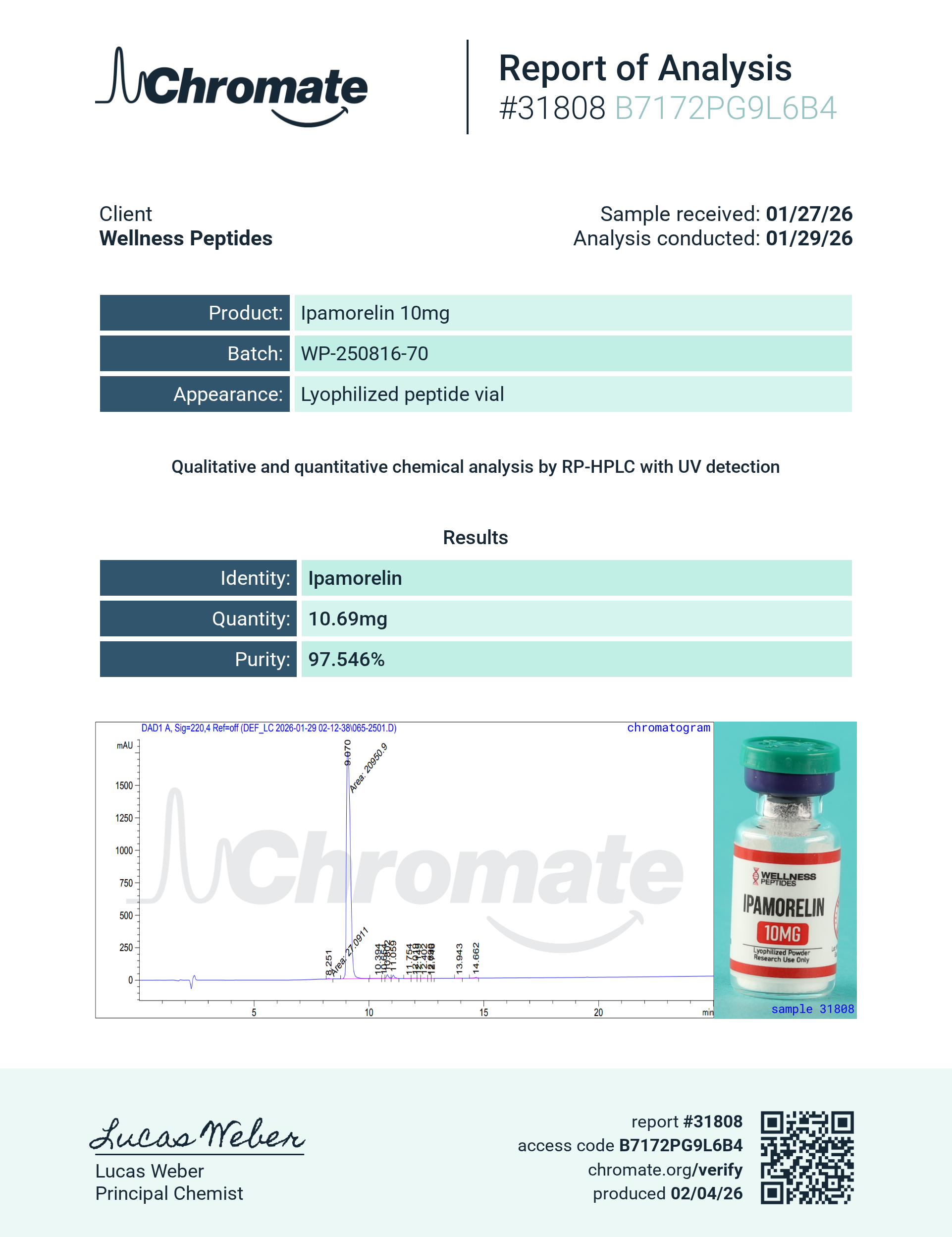 Ipamorelin (10mg) Certificate of Analysis from Wellness Peptides