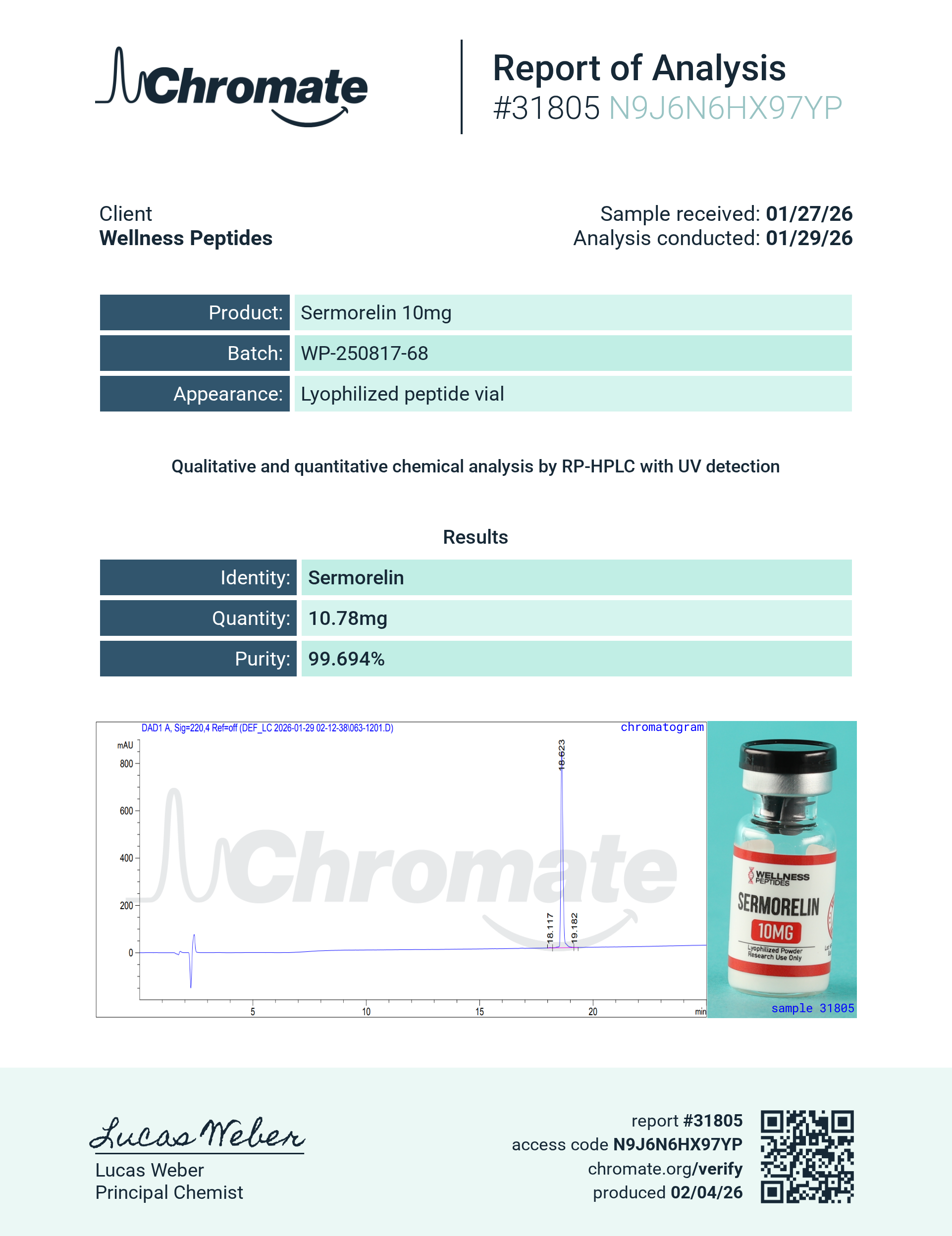 Sermorelin (10mg) Certificate of Analysis from Wellness Peptides